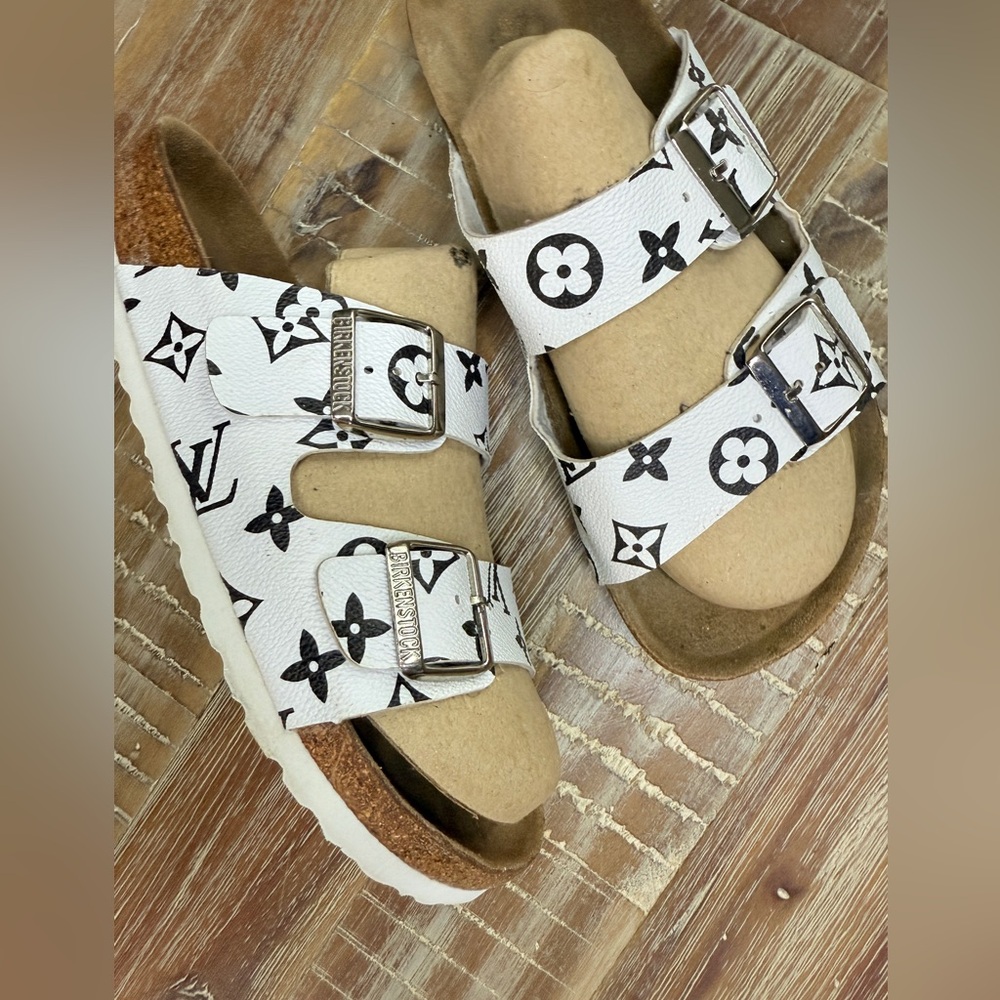 Birkenstock Custom White and Black Patterned Two-Strap Sandals - Picture 5 of 8